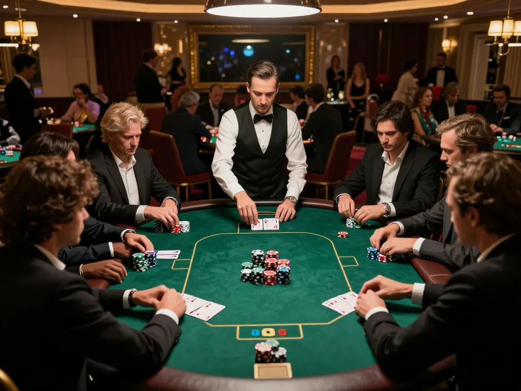 Players engage in an intense poker game at ONE88 casino, showcasing high-stakes excitement and strategy.