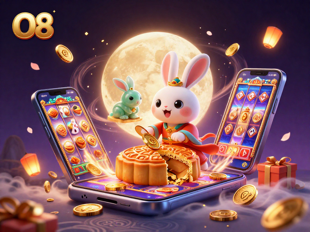 Engage with O8's vibrant lunar casino scene featuring a traditional moon rabbit and poker chips.