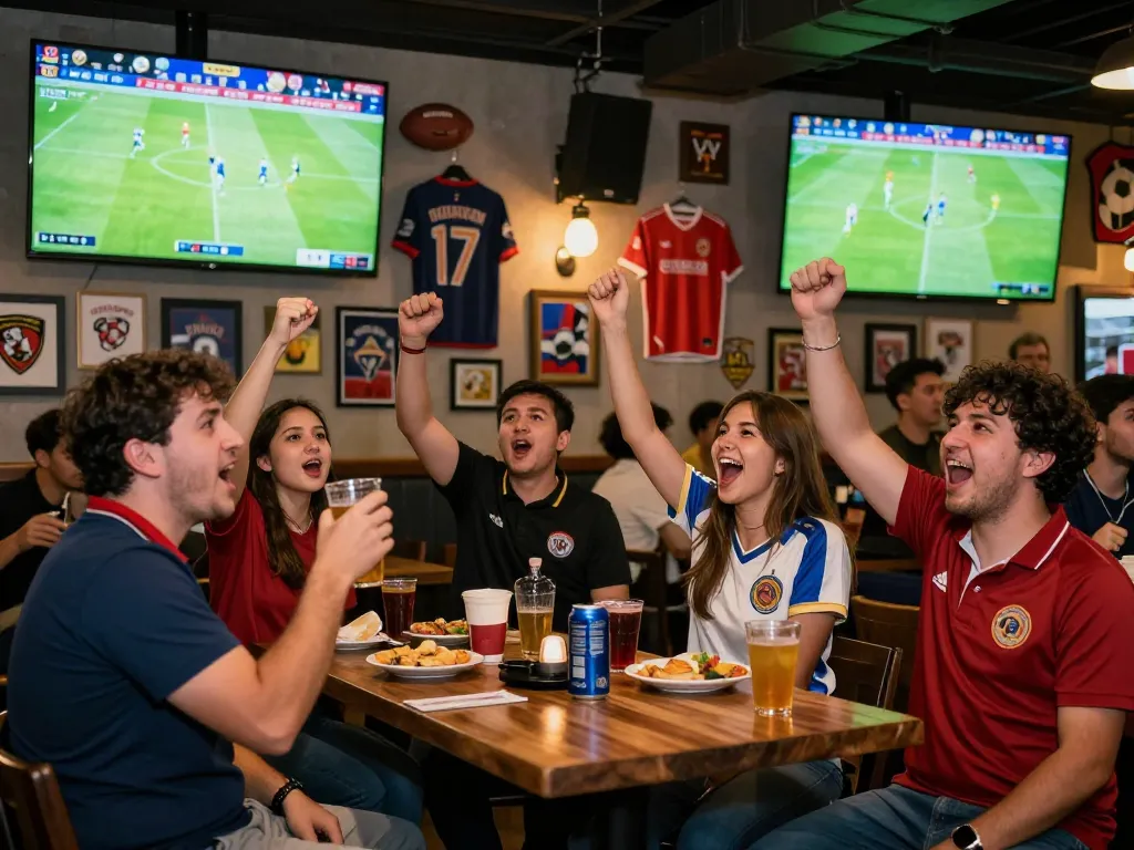 Fans engaging with football match on screens, showcasing 7m community spirit and excitement in a lively setting