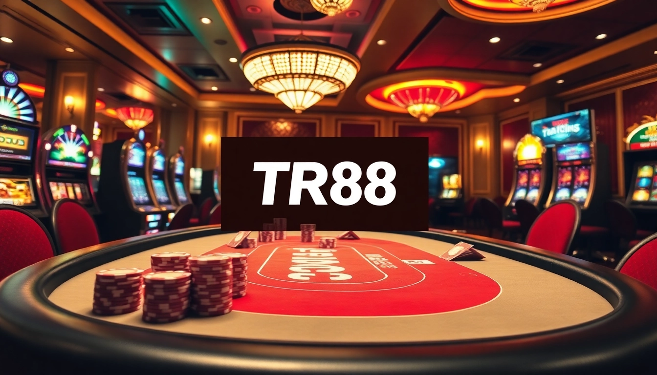Players engaging in a thrilling poker game with TR88 branding visible in a high-stakes casino atmosphere.