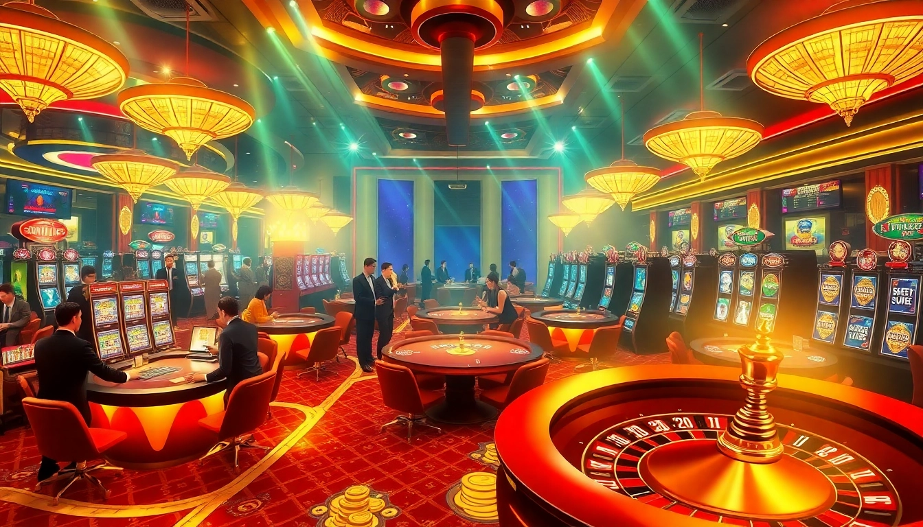 Engaging scene of players enjoying high stakes games at https://nk88zz.bio/, featuring roulette and slot machines.