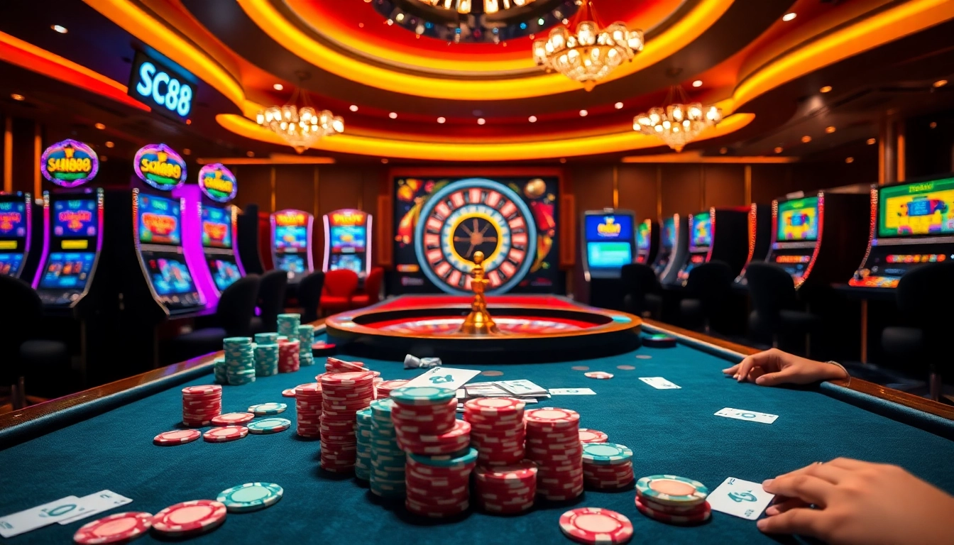 Experience the excitement of betting at SC88 with vibrant casino ambiance and gaming elements.