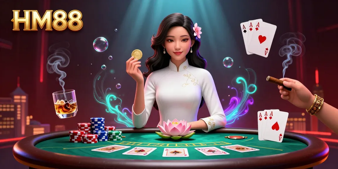 Experience high-stakes gambling with HM88 featuring an elegant Asian woman and dynamic poker elements in rich detail.
