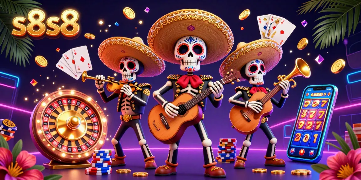 Experience the joy of gaming with s8s8 in this vibrant, ultra-detailed 3D digital illustration featuring a mariachi band amidst casino elements.