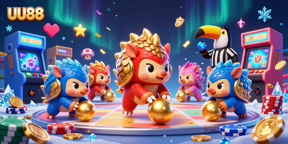 UU88 showcases a dynamic 3D illustration with competitive pangolins rolling through poker chips, representing exciting casino action.