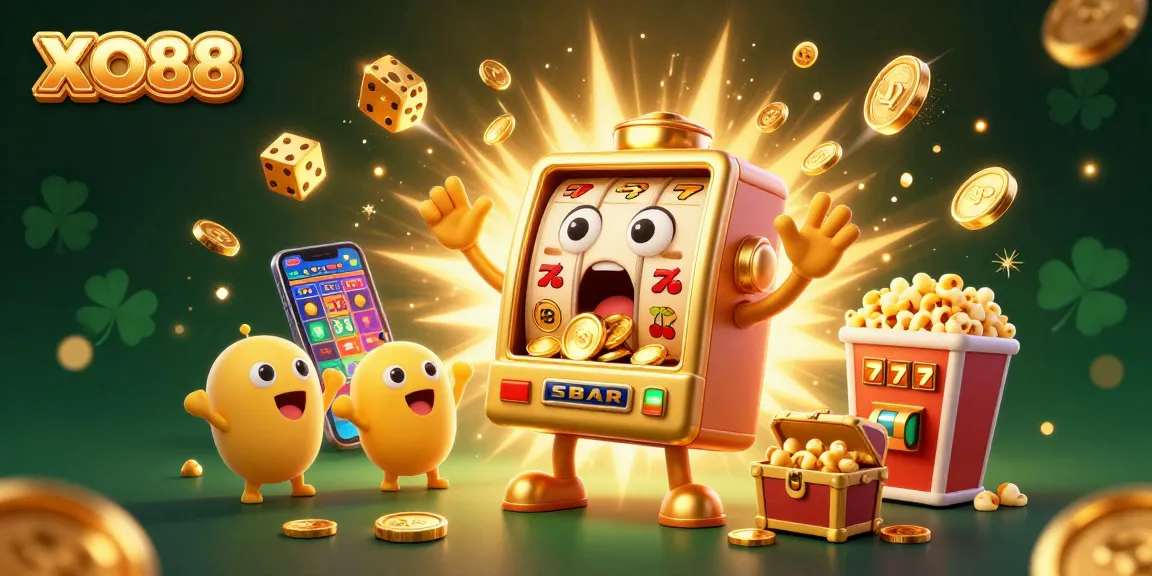 Experience the excitement of winning at XO88 with a vibrant 3D illustration of a golden slot machine celebrating a jackpot.