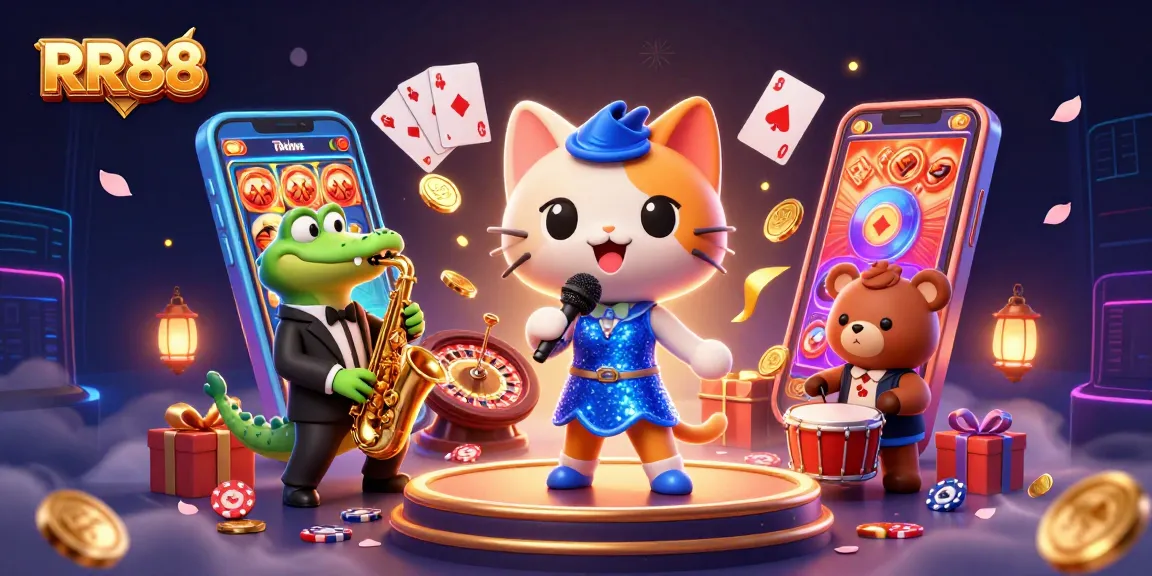 Play and win with RR88: A vibrant 3D casino scene featuring a singing cat, a saxophonist crocodile, and a drumming bear.