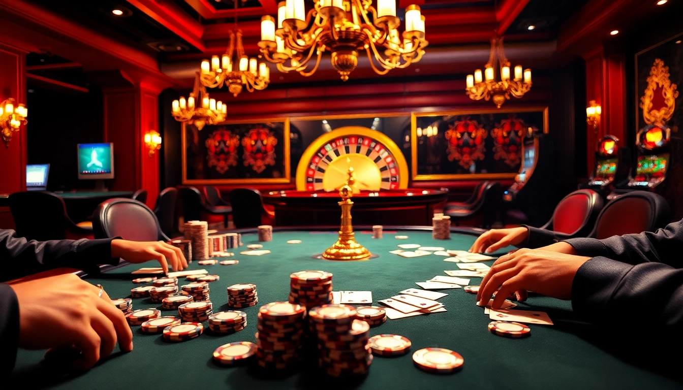 A thrilling poker game scene from https://mint88.one/ featuring vibrant chips, cards, and an elegant roulette wheel.