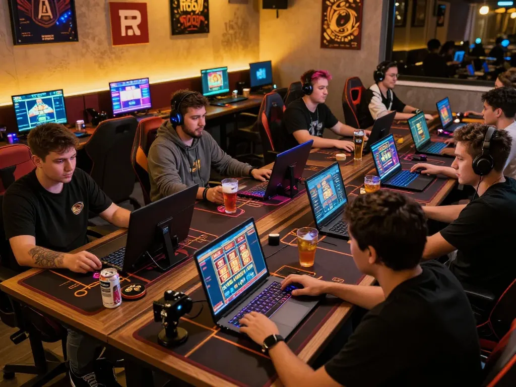 Players using the pucuk138 platform for online gambling, immersed in slots and poker games with vibrant screens