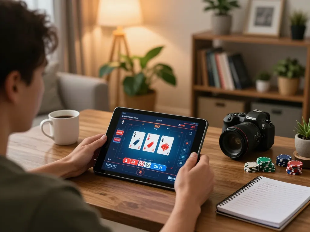 Playing poker on b52club in a cozy home setting with tablet and strategy notes.