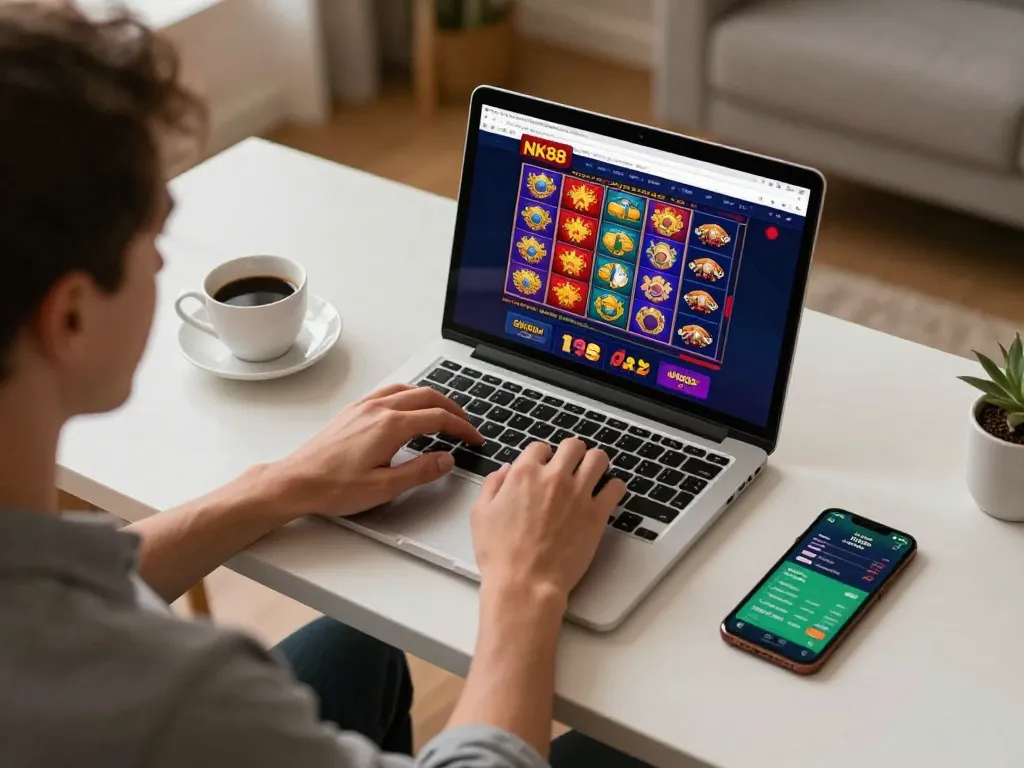 Navigating the NK88 online casino for strategic gameplay on a modern laptop.