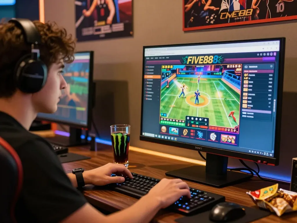 Engaged player enjoying online gaming on Five88 platform with vibrant setup and snacks.