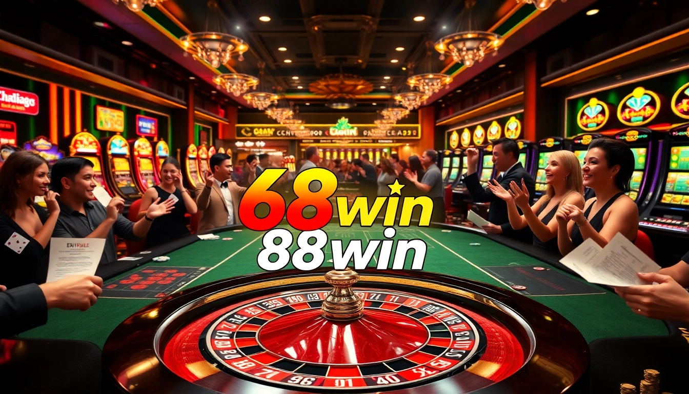 Players excitedly place bets at 68win's luxurious casino table with vibrant slot machines in the background.