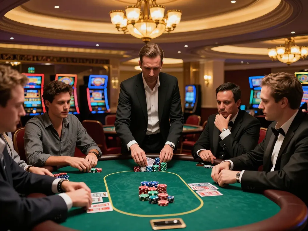 Sunwin players engaging in strategic poker gameplay at a luxury casino table, chips stacked, dealer in action.