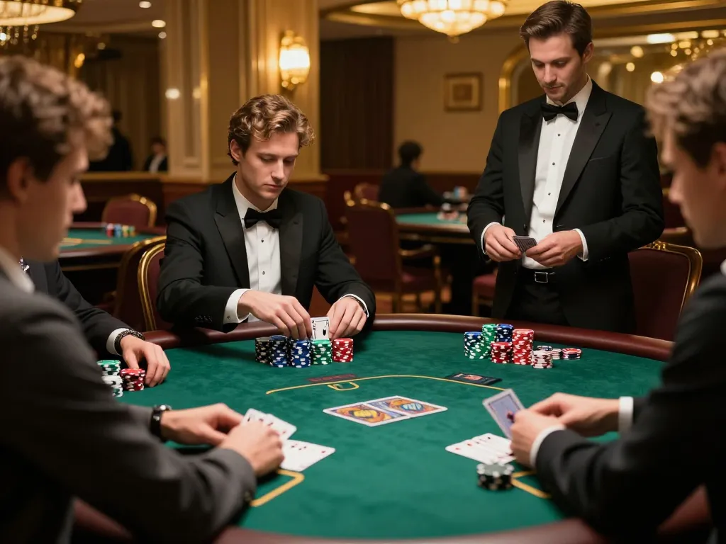 GG88 players intensely focus on a high-stakes poker game in a luxurious casino setting.