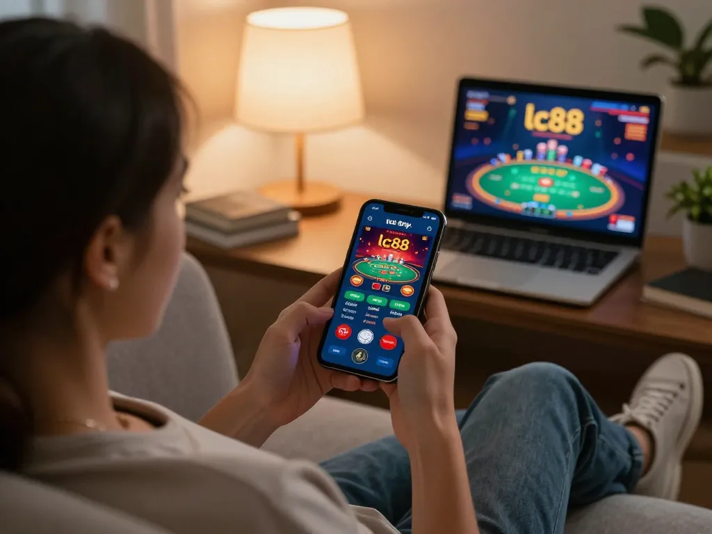 Player enjoying lc88 gaming on a smartphone in a cozy living room, showcasing the excitement of online betting.