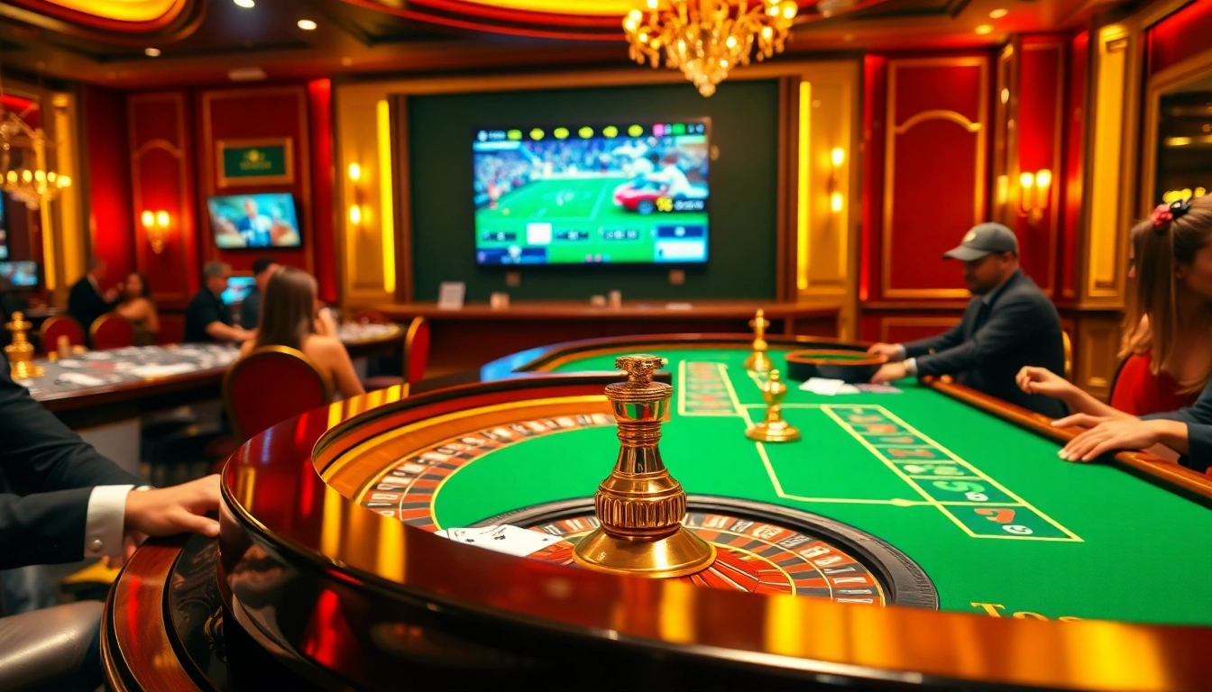 Exciting gambling scene at rikvip casino with players at roulette and sports displays.