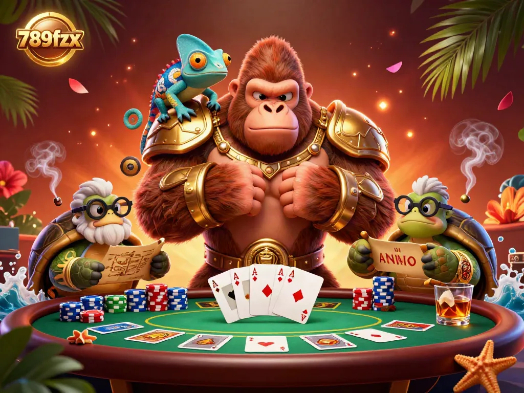 Experience the vibrant action at 789fzx with a powerful gorilla king and friends in a dynamic casino scene.