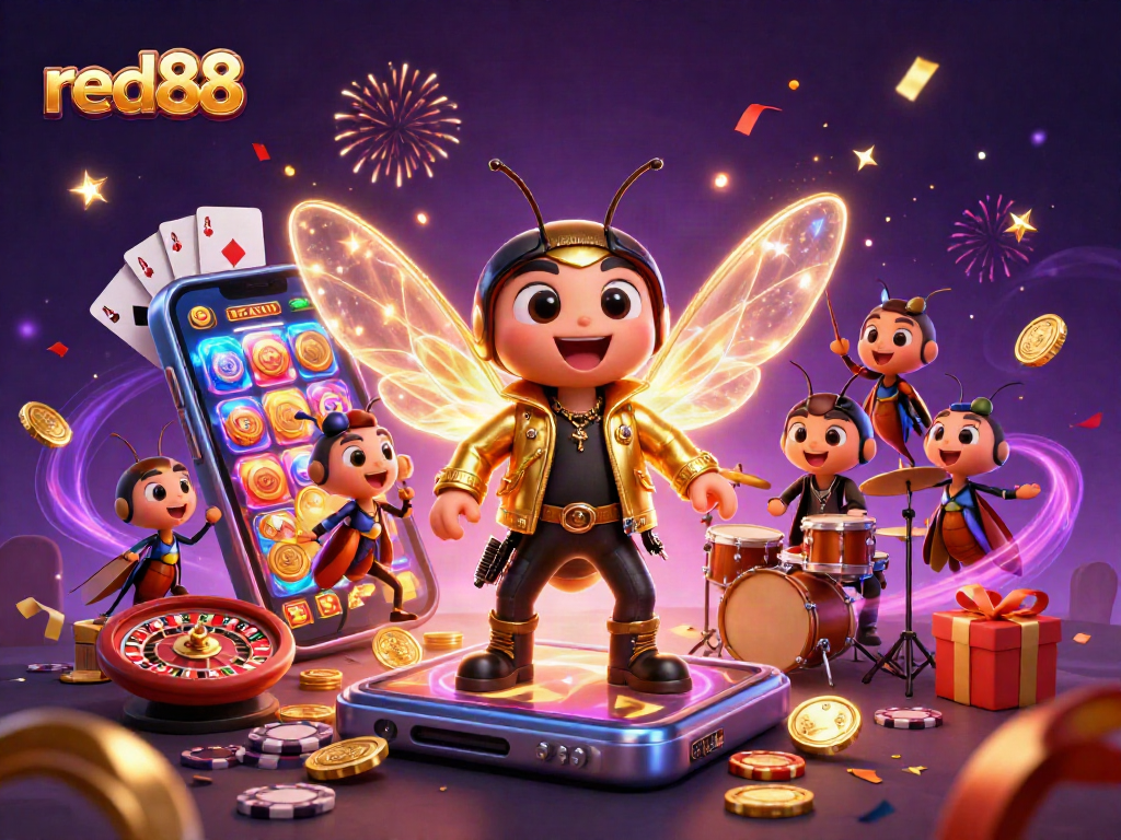 Engage with red88's electrifying 3D casino illustration showcasing vibrant slot game action.