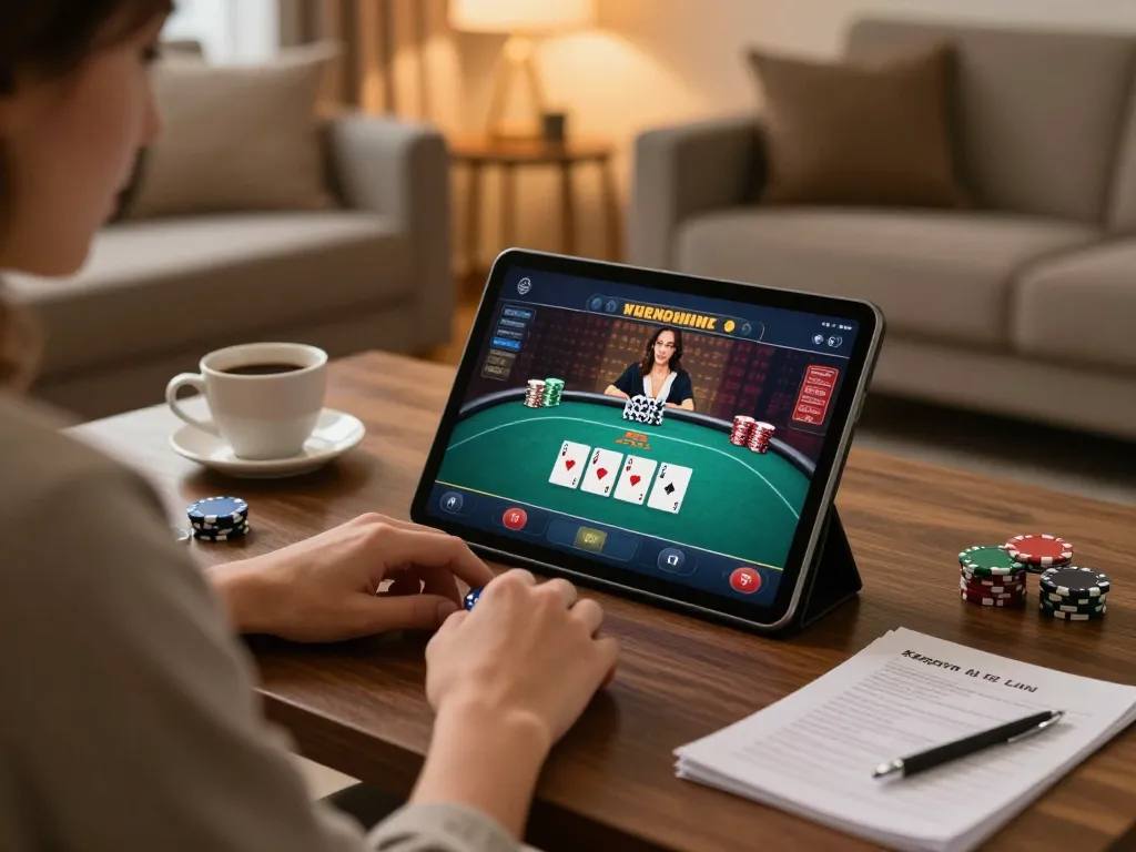 Player enjoying online poker at XX88 in a cozy living room, emphasizing strategic gameplay