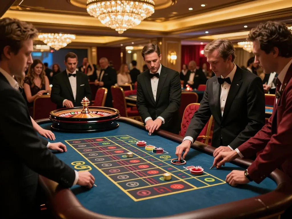 MM88 players engaging intensely at a roulette table in a luxurious casino atmosphere.
