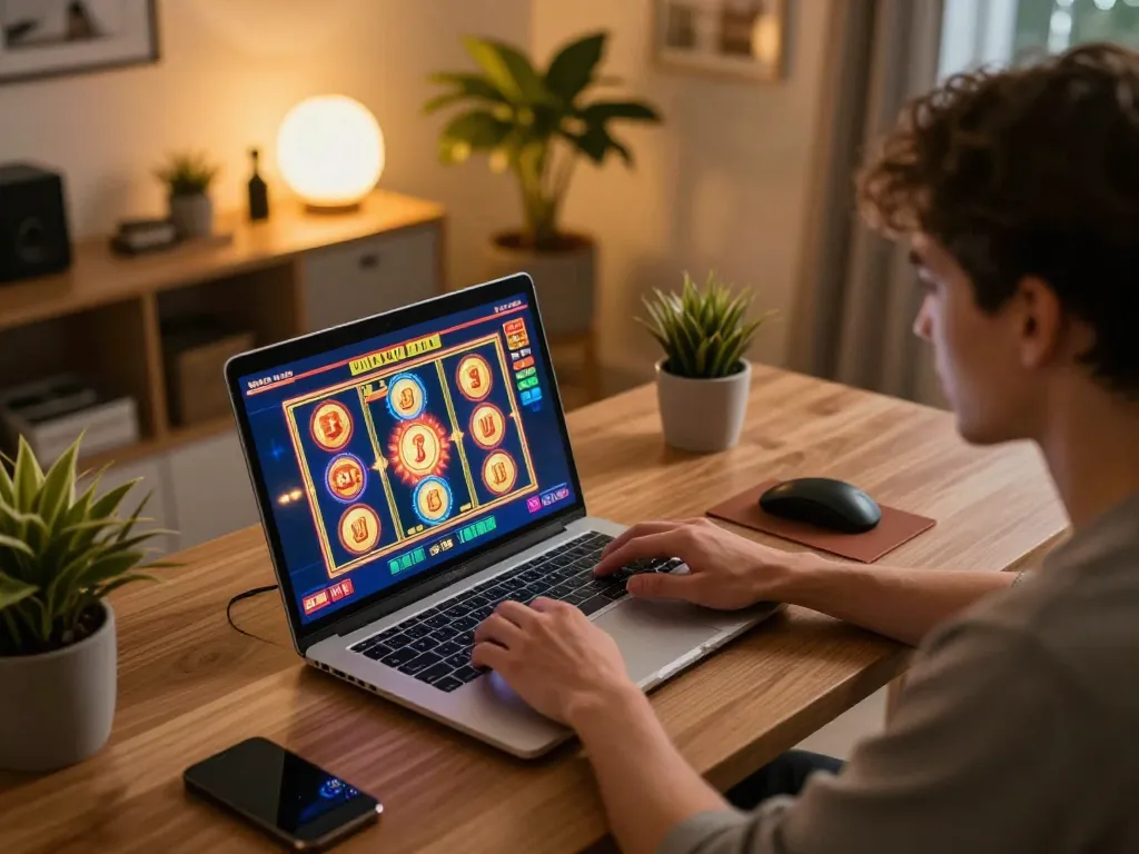 Player enjoying tg88 online slots in a cozy home office with vibrant graphics.