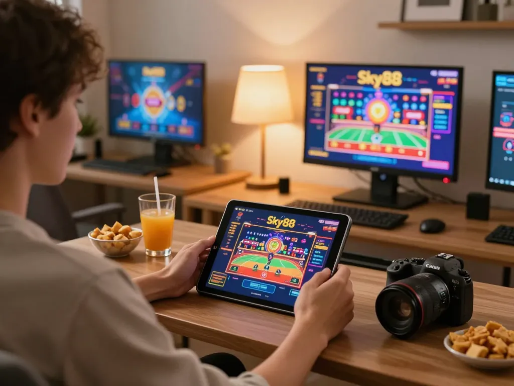 Cổng game Sky88 active play on tablet, showcasing dynamic gameplay at home.