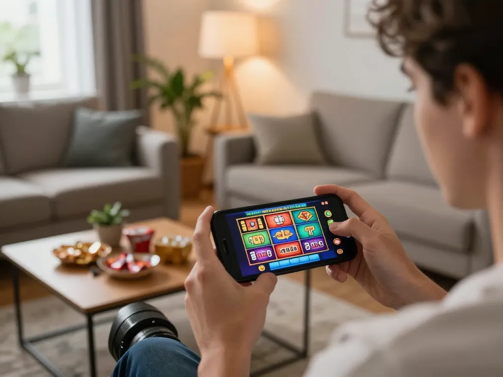 Player enjoying exciting mobile gaming experience on NK 88 slot machine app in cozy living room setting.