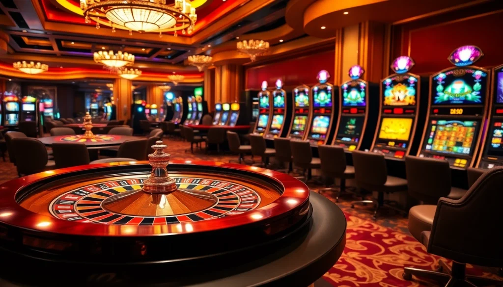 Experience thrilling gameplay at mb66.ski with a vibrant casino scene featuring roulette and poker tables.