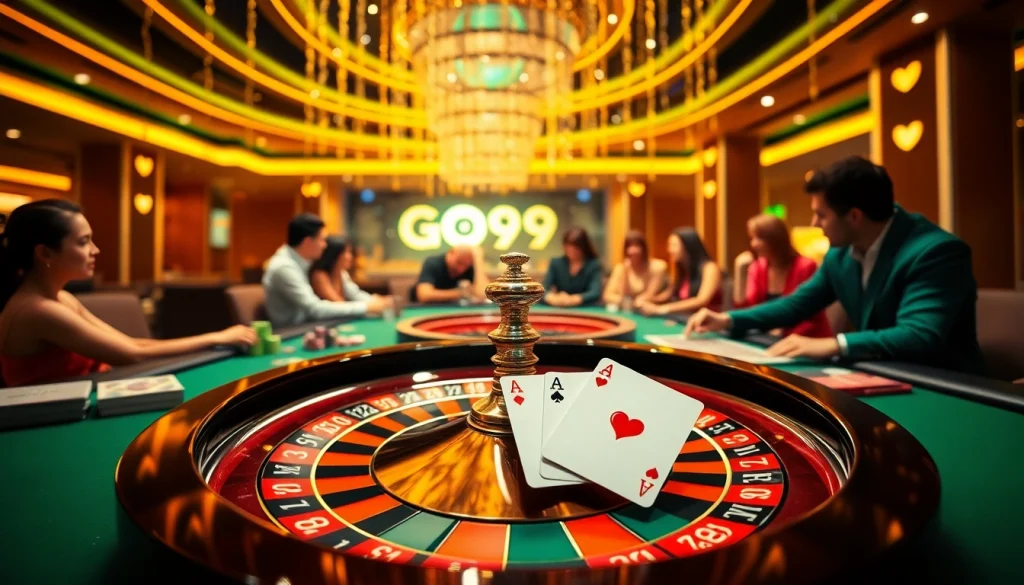 Experience thrilling gambling action at GO99 with colorful chips and a glowing roulette wheel.
