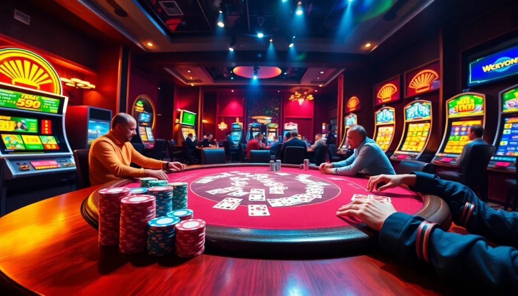 Engage in thrilling poker action at 99 ok's luxurious online casino with vibrant tables and chips.