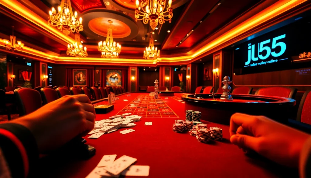 Experience exhilarating gaming action at the jl55 casino table with vibrant poker chips and cards.