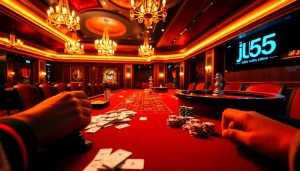 Experience exhilarating gaming action at the jl55 casino table with vibrant poker chips and cards.