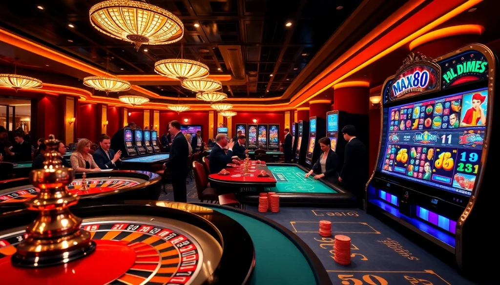 Max88 casino scene showcasing vibrant roulette and poker tables with excited players.