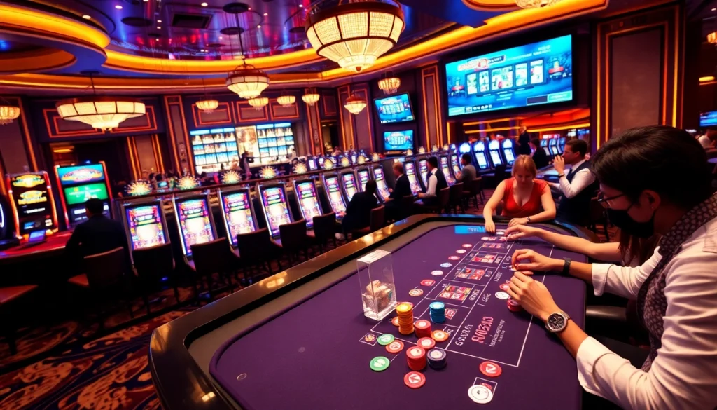 Players enjoying games at https://tr88games.com/, featuring slots and poker in a vibrant casino atmosphere.