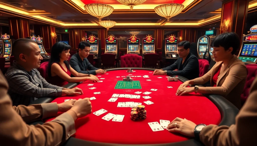 Players enjoying a high-stakes poker game at RR88, showcasing vibrant poker chips and cards.