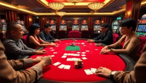 Players enjoying a high-stakes poker game at RR88, showcasing vibrant poker chips and cards.