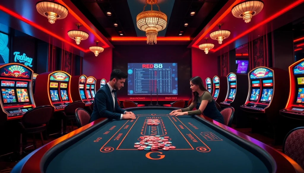 Engaging baccarat game at red88 casino with vibrant slot machines and poker chips.