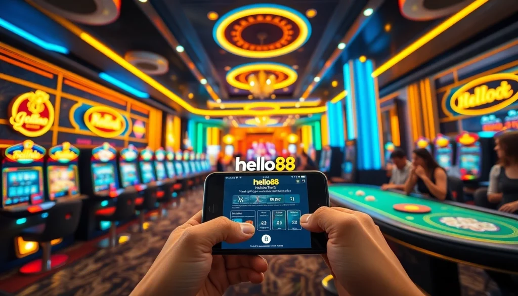An exciting scene showcasing online gambling at hello88win.live with vibrant casino elements and players enjoying gaming experiences.