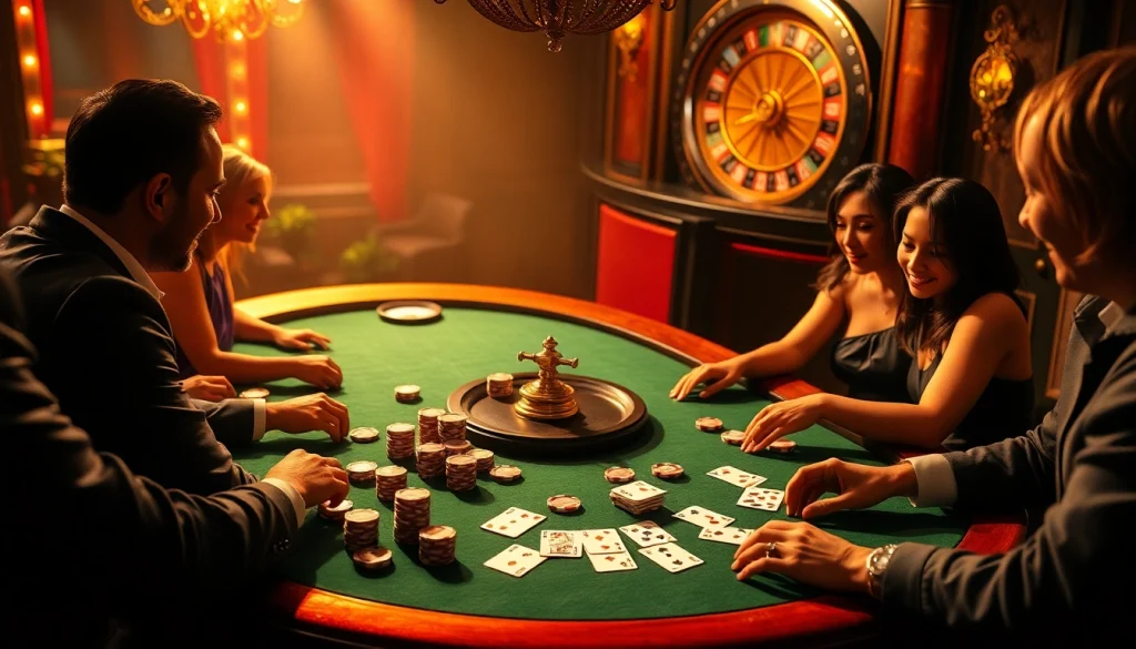 Engaged players analyze strategies at a luxurious 788t poker table with vibrant casino visuals.
