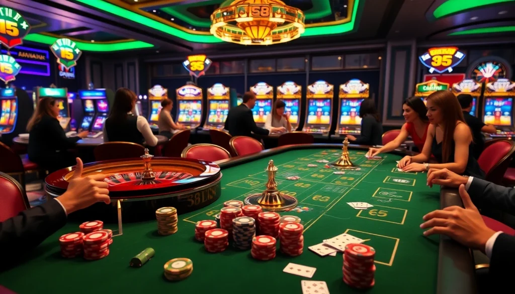 S8 game players enjoying a vibrant casino atmosphere with colorful poker chips and elegant tables.