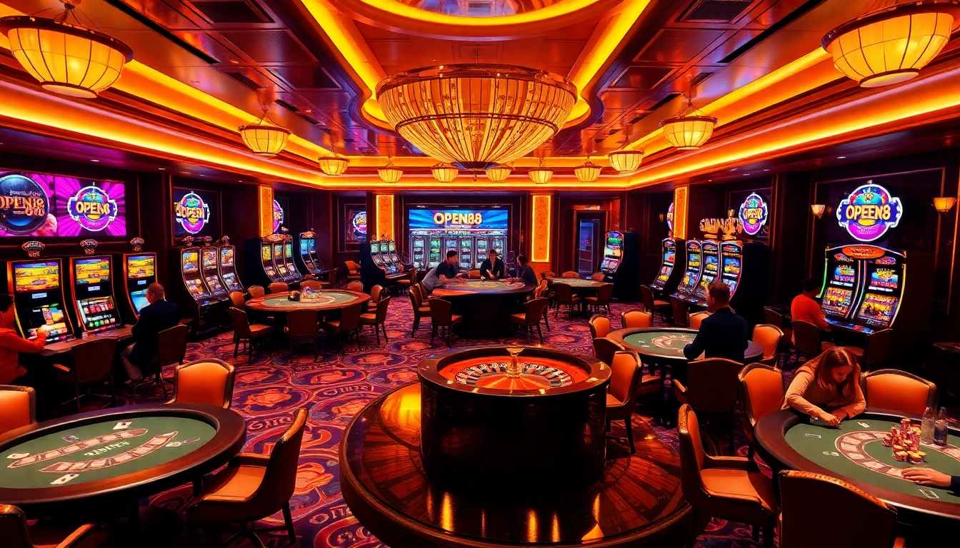 Experience high-stakes gaming at OPEN88, featuring dynamic casino tables and vibrant slot machines.