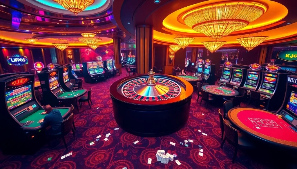 Experience the thrill of winning at KJC casino tables adorned with poker chips and roulette wheels.