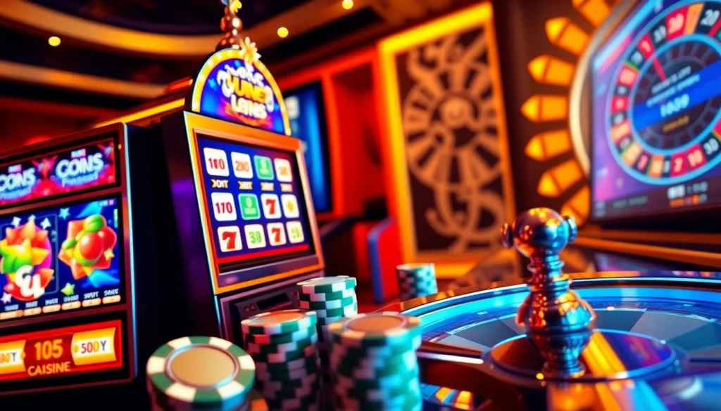 Exciting uu88 gaming experience with vibrant slot machines and poker chips.