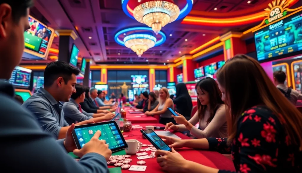Experience sbobet.dance in a vibrant casino atmosphere with players enjoying various games.