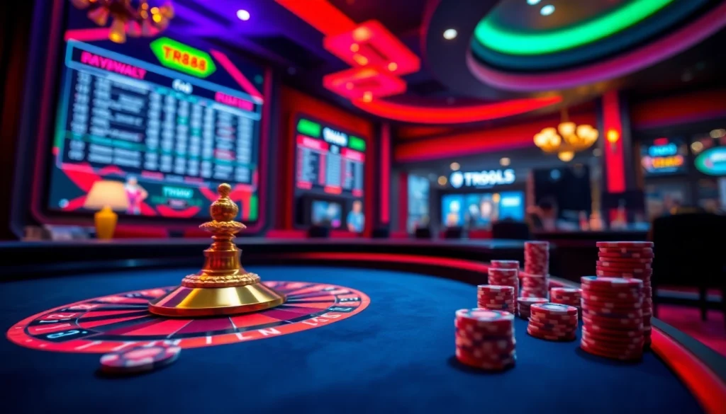 Experience the thrill of winning at tr88's vibrant casino table filled with poker chips and roulette lights.