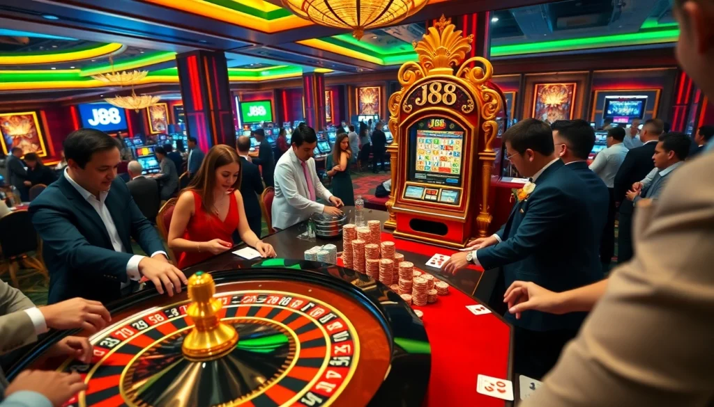 Exciting j88 casino scene with players engaging at a roulette table and vibrant slot machines.
