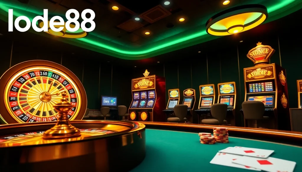 Experience the thrilling gaming atmosphere at lode88 with a dazzling online casino scene featuring roulette, slots, and poker action.