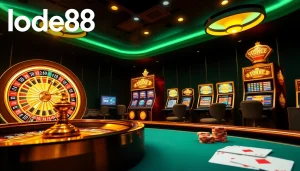 Experience the thrilling gaming atmosphere at lode88 with a dazzling online casino scene featuring roulette, slots, and poker action.
