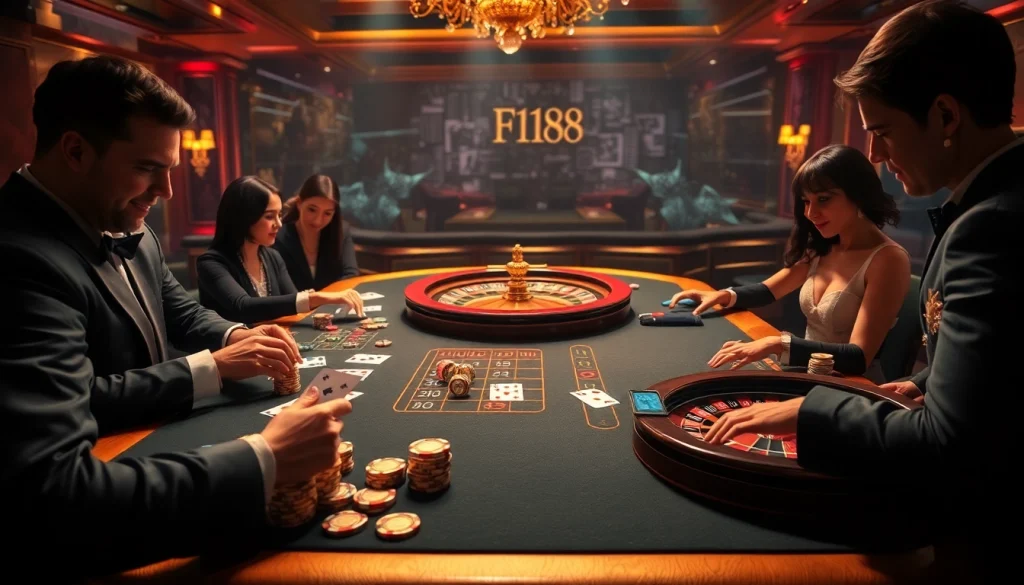 Engaged players at F168 Casino, strategizing and betting at an elegant gaming table.